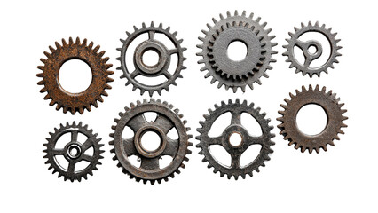 Set of industrial gears isolated on transparent background, PNG file, different sizes