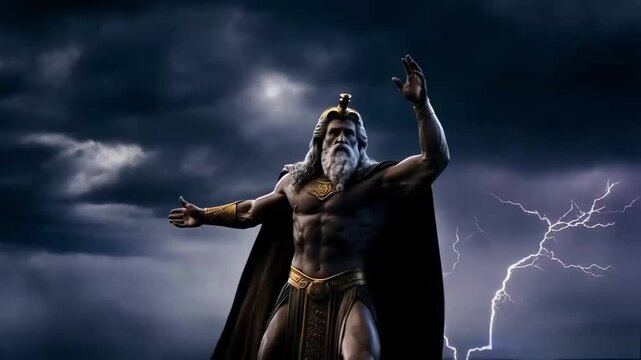 greek god zeus portrait on top of a mountain with landscape cloudy 
