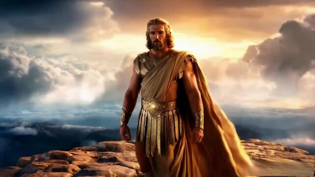 greek god zeus portrait on top of a mountain with landscape cloudy 