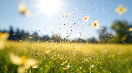 Pollen disperses into the air in a field, showcasing allergy-causing particles and their impact on health.