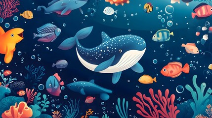 A cute, flat illustration of an ocean scene with various sea creatures, including whales and turtles, surrounded by seaweed and jellyfish in pastel blue tones on a dark purple background, in a hand-dr