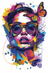 Vibrant fashion portrait design, artistic and colorful, with butterflies and abstract elements, for T-shirt print
