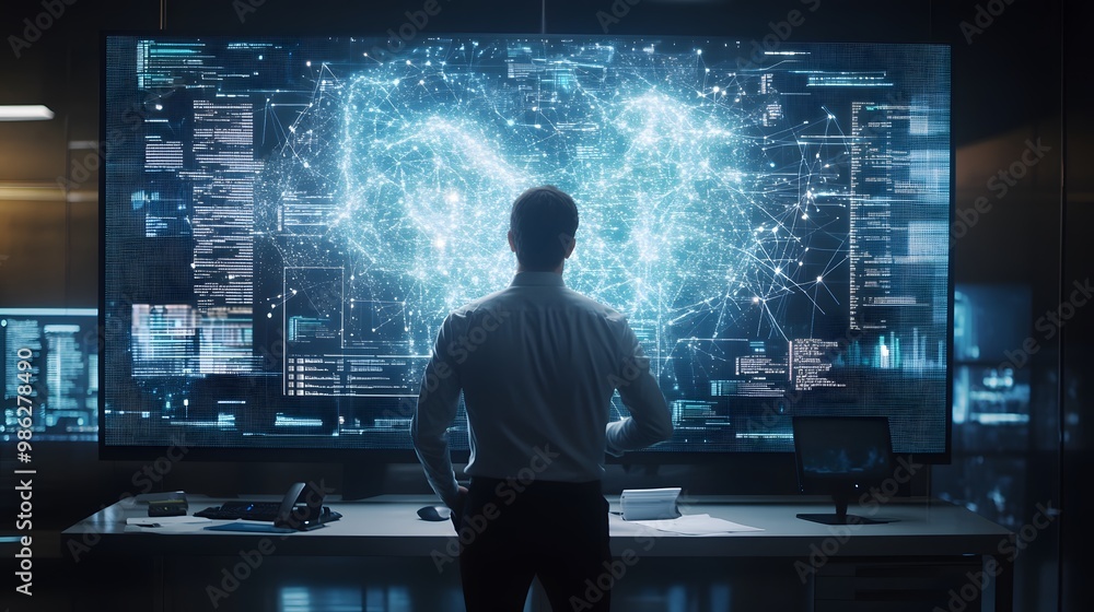 Poster man observing a network visualization on a large screen