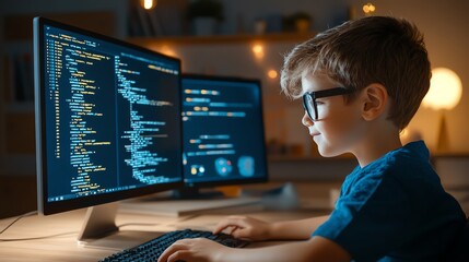 Boy creating a video game with coding software, digital creativity in education