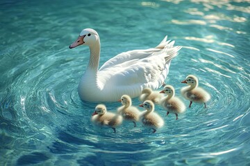 Obraz premium white goose and her chicks swimming on clear water with soft circle wave 
