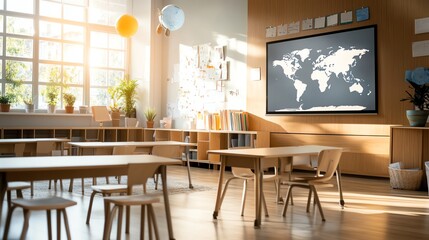 Classroom with interactive world map on the wall, global education
