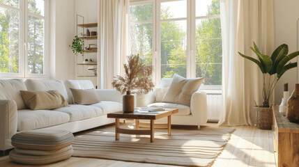 A bright and airy living room with large windows, showcasing cozy sofa, wooden coffee table, and decorative plants. natural light creates warm and inviting atmosphere