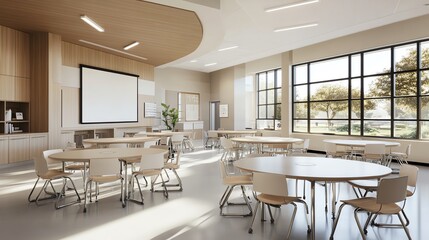 Classroom with movable walls and flexible seating, adaptable learning environment