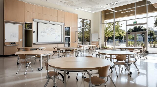 Classroom with movable walls and flexible seating, adaptable learning environment