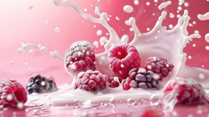 Fresh raspberry fruit with milk splash