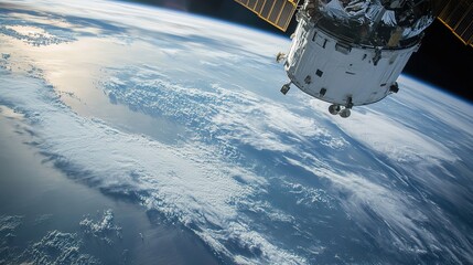 A satellite orbits Earth, capturing stunning views of the planet's surface and cloud formations, showcasing the beauty of our planet from space.