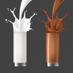Chocolate and milk splash and stream in transparent glass on dark background. Milk, yogurt, chocolate, cocoa 3D illustration.