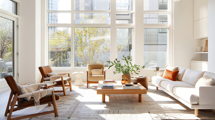 A bright living area with mix of modern and vintage furniture, featuring large windows that allow natural light to fill space. room is inviting and stylish, perfect for relaxation