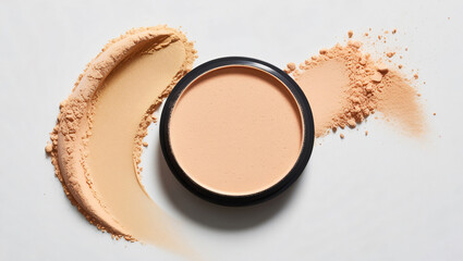 Loose light powder in a jar stands on a powder swatch. Brightening shade of beige tones. Concept of decorative cosmetics, makeup. Vertical view