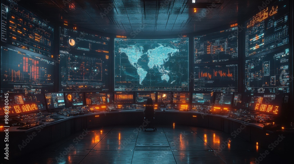 Poster futuristic control room with world map display