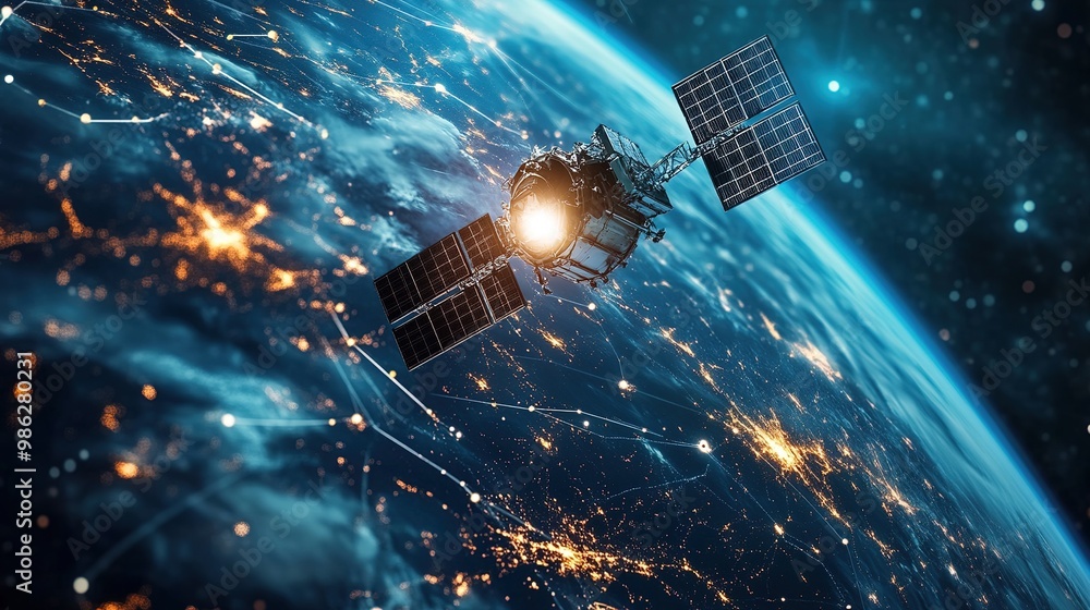 Poster a satellite orbits earth, capturing the planet's illuminated surface and showcasing intricate networ