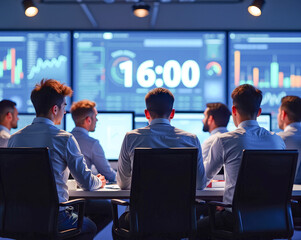 A group of scientific specialists in the control center are discussing a solution to the problem on a large screen with a countdown timer