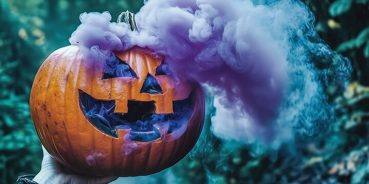 a carved pumpkin with purple smoke, a Halloween concept