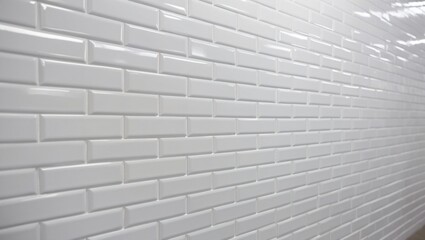 Close-up of glossy white subway tiles arranged in a classic brick pattern, highlighting a clean, modern aesthetic with reflective surfaces, generative ai