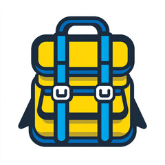 A simple yellow backpack icon with blue accents in a simple line art style with a simple design. Isolated on a white background. 