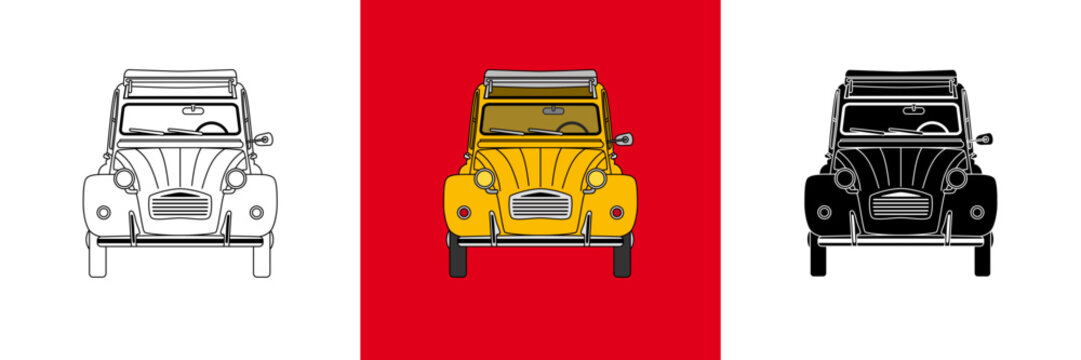 3 versions de la voiture vintage fran&ccedil;aise : la 2CV avec son toit ouvrant - couleur jaune, contour noir et silhouette noire.