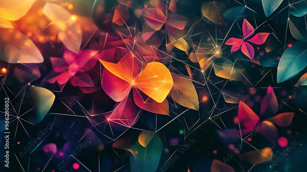 Poster abstract colorful leaves with geometric pattern and bokeh lights