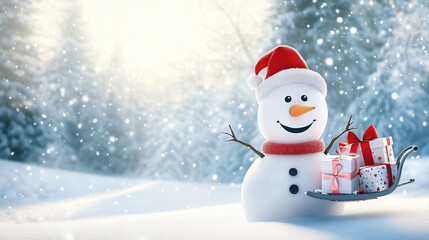 Fototapeta premium A smiling snowman carrying gifts with a sled on a winter background