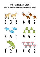 worksheets for kids, counting animals, choosing the right number