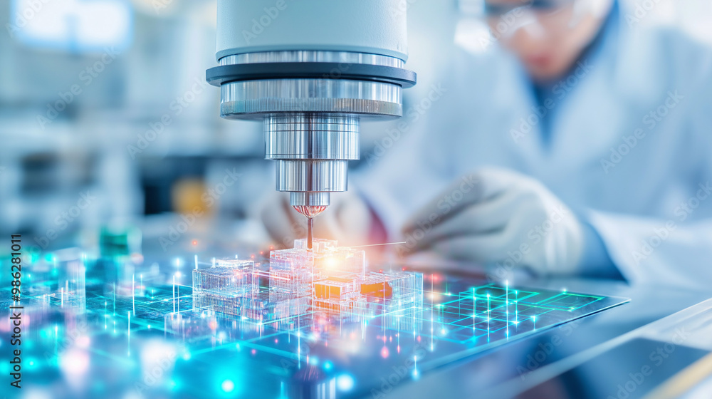 Poster close-up of silicon die are being extracted from semiconductor wafer and attached to substrate by pi
