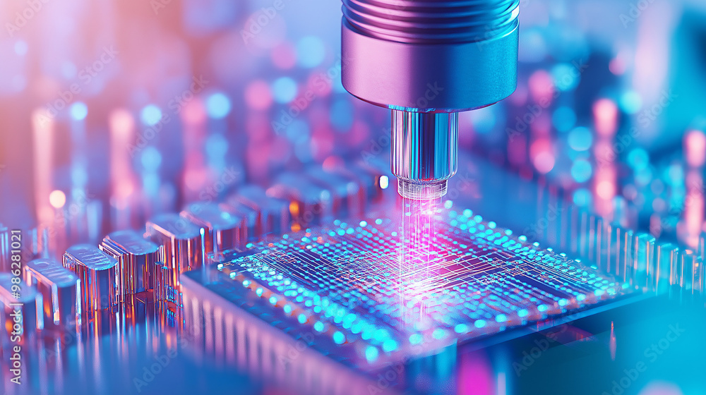 Poster close-up of silicon die are being extracted from semiconductor wafer and attached to substrate by pi