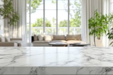 Fototapeta premium White marble kitchen tabletop or kitchen island with copy space over blurred comfortable living room with generative ai