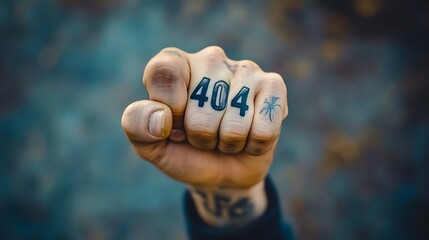 A close-up shot of a hand with a tattoo of the number "404" on the knuckles, with a blurred background.