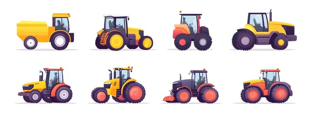 Fototapeta premium Set of vector illustrations, simple flat design cartoon-style illustrations of different tractors and farm equipment, white background, colorful, minimalistic, high resolution