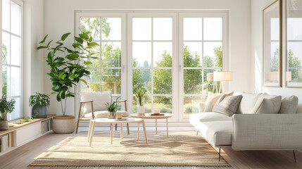 A bright living room with large windows, soft rug, and cozy atmosphere filled with greenery. natural light enhances inviting space, perfect for relaxation