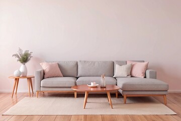 Interior of light living room with cozy grey sofa and wooden coffee table