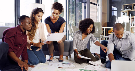 Business people, working and paperwork in office with meeting and content creation planning....