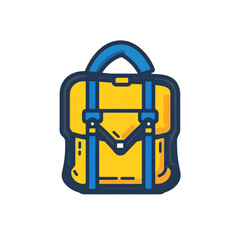 A simple yellow backpack icon with blue accents in a simple line art style with a simple design. Isolated on a white background. 