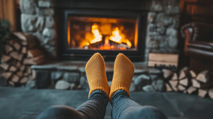 sneakered feet up in front of fireplace