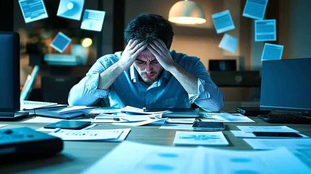 A man rubbing his temples at a desk filled with documents and a laptop, depicting the strain of work-related stress