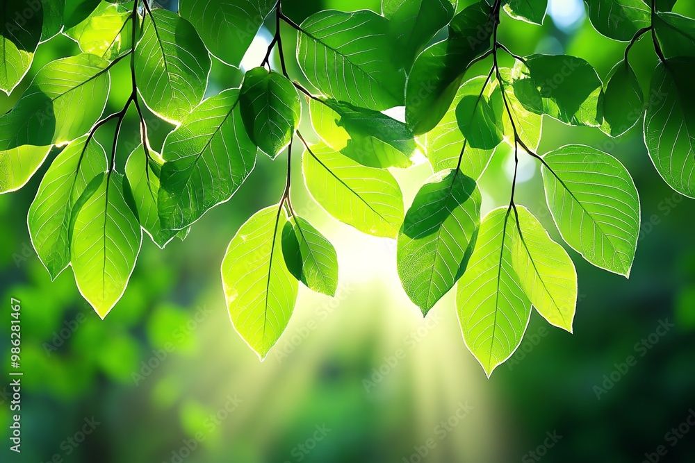 Poster a nature-inspired background with soft sunlight filtering through leaves, creating a warm and inviti