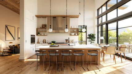A spacious kitchen featuring an island, bar stools, and large windows that invite natural light. modern design combines wood and white elements, creating warm and inviting atmosphere