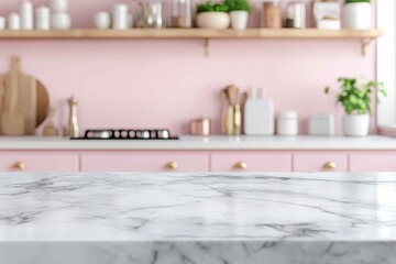 Fototapeta premium White marble kitchen tabletop with empty space over blurred beautiful pastel pink kitchen room with generative ai
