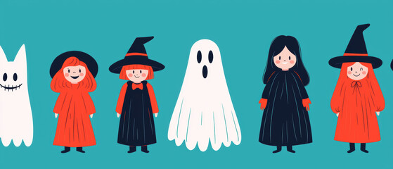 Costume contest at Halloween party, colorful characters, flat design illustration