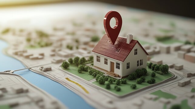 3D house model with red location pin on a map, symbolizing real estate, home location, and property search.