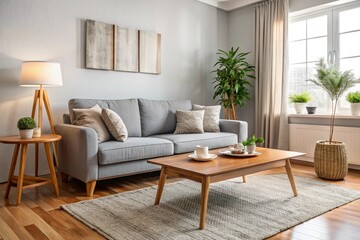 Interior of light living room with cozy grey sofa and wooden coffee table