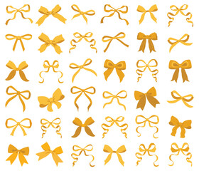 Vector Illustrations of gold vintage bow set. Bow for girly hair decor, flat icons. Ribbons isolated. Trendy girls accessories. Cute hairstyle elements collection.Simple handdrawn pink ribbon bow