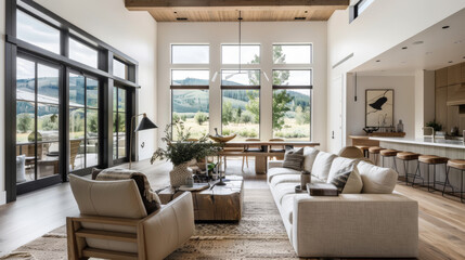 A spacious living area with mix of modern and rustic design elements, featuring large windows that offer stunning views of surrounding landscape. cozy seating arrangement invites relaxation and comfor