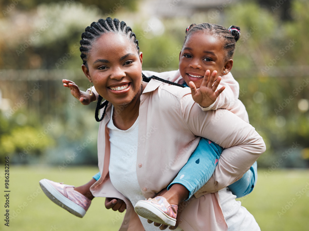 Wall mural Happy mother, portrait and piggyback with child in nature for bonding, playful summer or outdoor holiday. Black family, mom and carrying little girl with smile for weekend or back ride in Nigeria