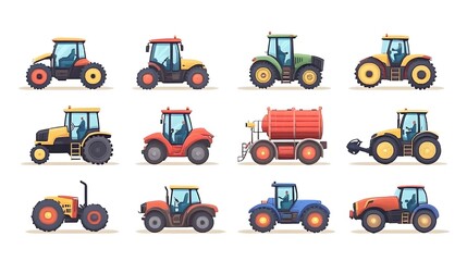 Set of vector illustrations, simple flat design cartoon-style illustrations of different tractors and farm equipment, white background, colorful, minimalistic, high resolution