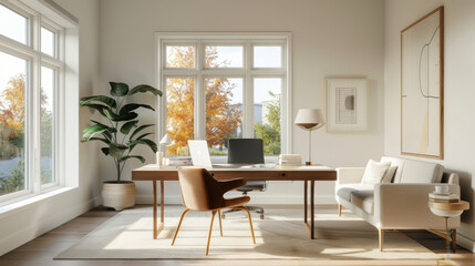 A bright home office features clean desk setup with computer, stylish chair, and cozy sofa. Large windows allow natural light to illuminate space, enhancing productivity and comfort